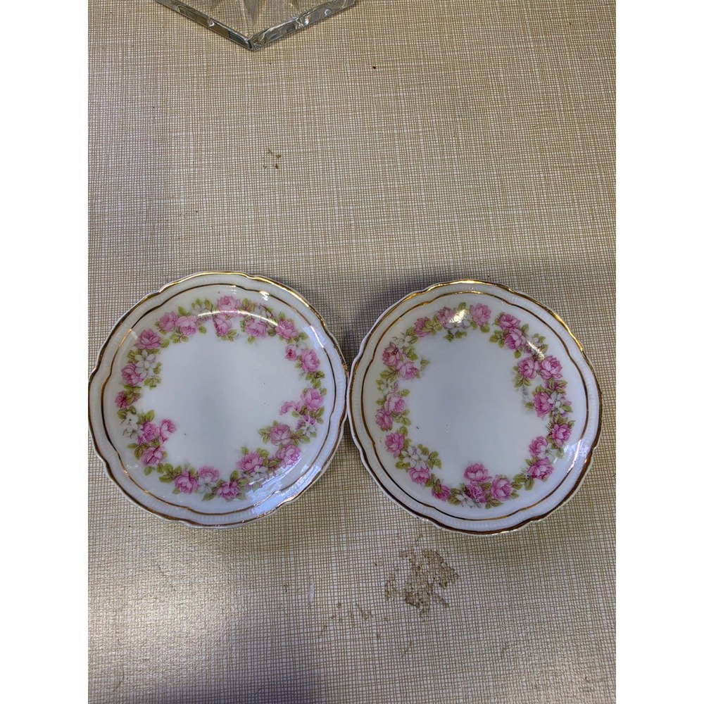 Vintage Porcelain Floral Butter Pats Pink Rose Gold Trim Trinket Dish Set of 2